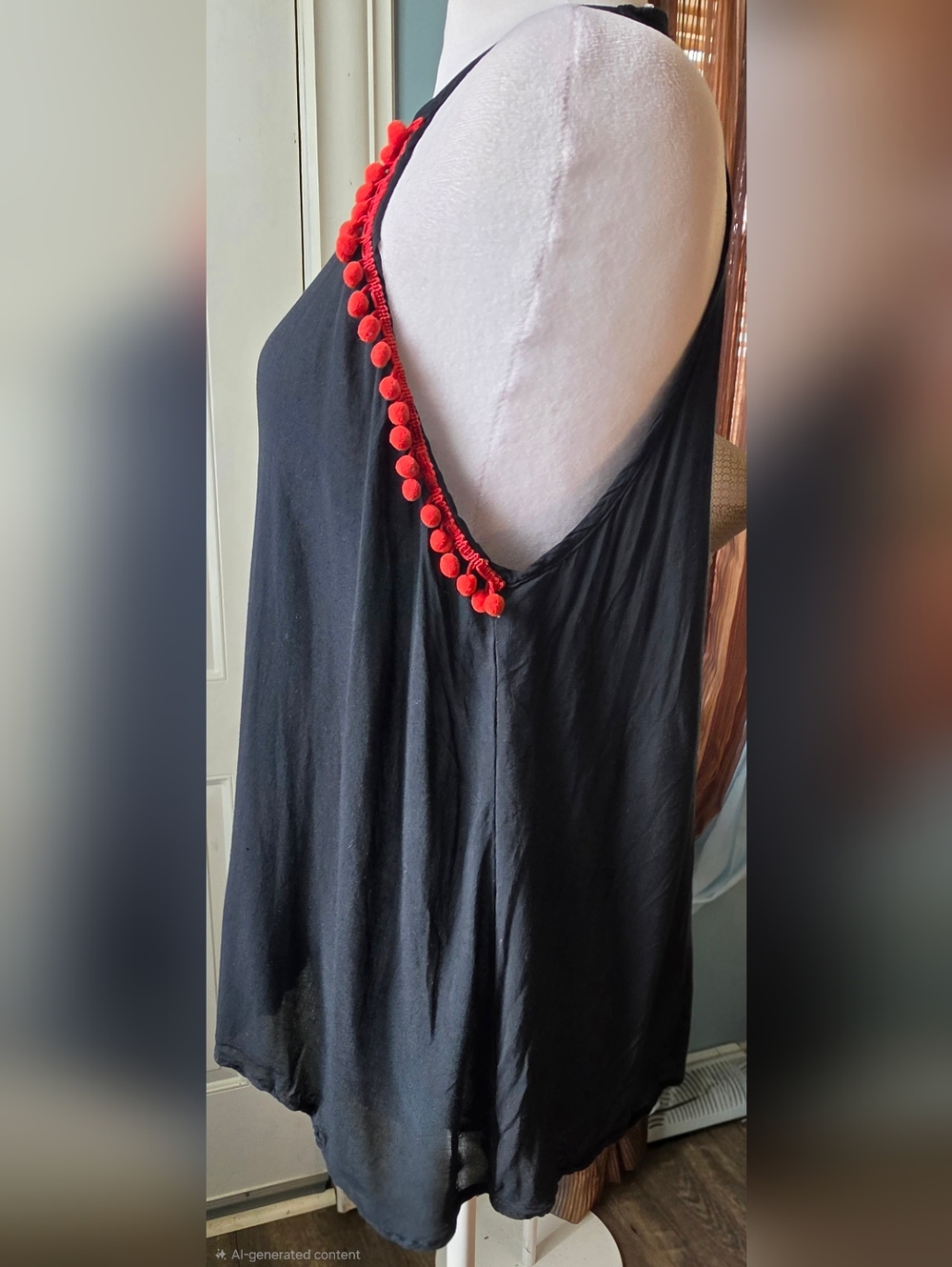 Y2K Vintage Halter Swing Tank Womens L Black w Red Pom-Trim Dark Boho Lightweigh - Picture 3 of 9